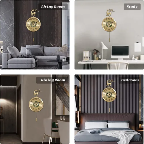 Miniatura 3 de Aero Snail Reloj de pared de 12.6 pulgadas, figura de reno redonda dorada, decoración de concha, reloj con péndulo oscilante, silencioso sin tictac