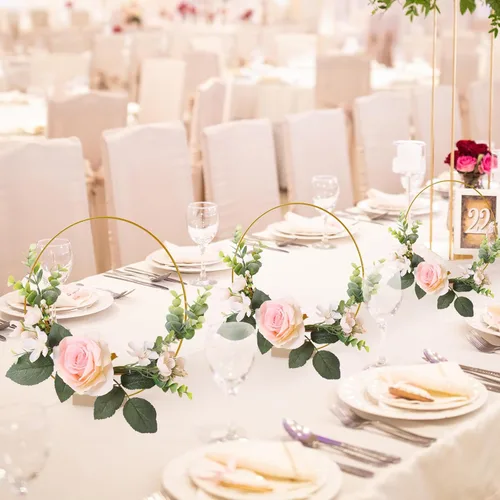 Miniatura 6 de 15 piezas de 12 pulgadas de metal con corona de aro floral para decoración de mesa con 15 soportes para tarjetas de lugar, anillos de aro dorados
