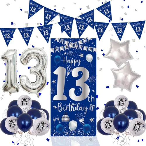Miniatura 8 de Decoraciones de cumpleaños número 16 para niños y niñas, kit de fiesta de cumpleaños azul plateado con pancarta, globos, globo del número 16