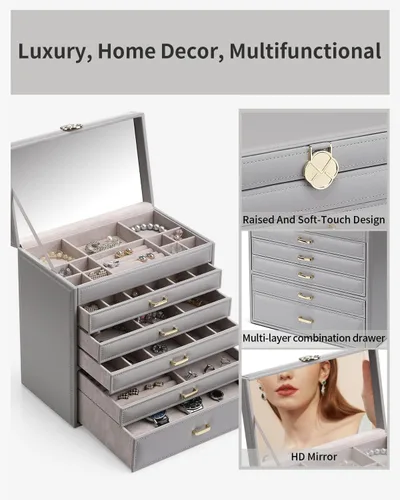 Miniatura 3 de Vlando Joyero grande, organizador de joyas con 5 cajones, cajas de joyería de cuero sintético para mujeres, anillos, pulseras, aretes, collares