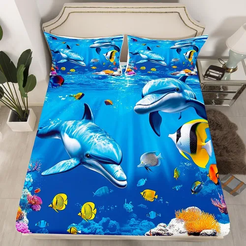 Miniatura 18 de Sábana bajera ajustable de tamaño individual para niños, diseño de animales marinos náuticos, juego de ropa de cama coral bajo el mar, juego de ropa