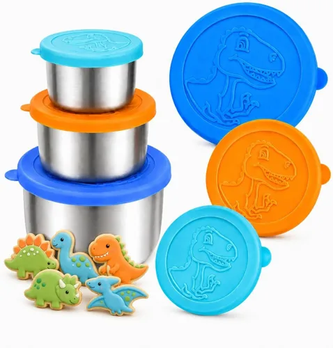 Recipientes de acero inoxidable de dinosaurio para niños pequeños, loncheras, tapas de silicona antiderrames, almacenamiento de alimentos de metal