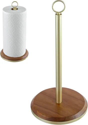 MyGift Soporte dispensador de rollos de papel de madera maciza de acacia prémium con husillo de metal en tono latón y anillo de transporte superior,