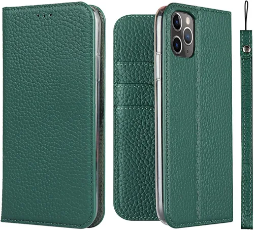 iCoverCase Compatible con iPhone 11 Pro Max, funda magnética de piel auténtica con bloqueo RFID, correa para la muñeca y ranuras para tarjetas, Verde