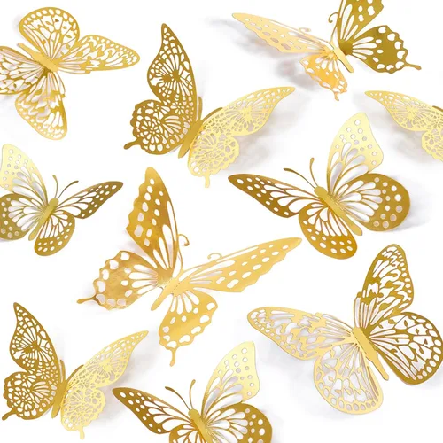 SAOROPEB Decoración de pared de mariposa 3D, 48 piezas, 4 estilos, 3 tamaños, decoraciones de mariposa dorada para celebraciones de cumpleaños y
