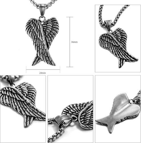 Miniatura 3 de Herinos Cadena de collar con colgante de acero inoxidable para hombres y mujeres, diseño de alas retro con diseño de calavera de plumas cruzadas