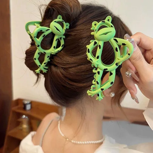 Miniatura 6 de Paquete de 2 pinzas de metal grandes para cabello grueso y fino, pasadores antideslizantes de sujeción fuerte, bonito diseño de rana verde