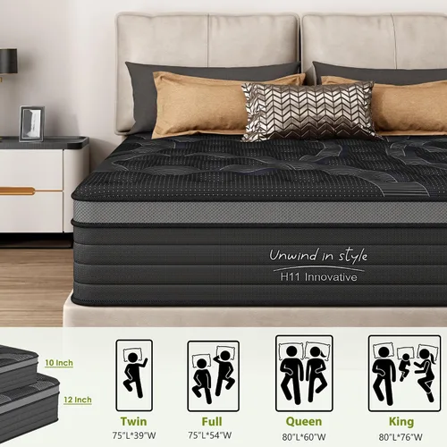Miniatura 8 de Colchón híbrido de resortes en caja de 10 pulgadas, para dormitorio, apartamento, habitación de invitados, soporte firme medio con bobinas