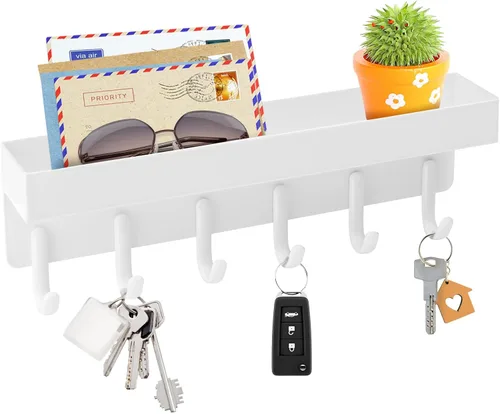 VIS'V Soporte para llaves de pared, soporte adhesivo compacto para llaves con bandeja, 6 ganchos, 2 opciones de montaje, color blanco