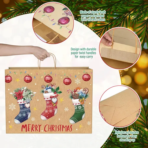 Miniatura 3 de Zachely 24 bolsas de regalo de Navidad extra grandes con 24 papel de seda, bolsas de papel kraft jumbo a granel para regalos, 6 estilos de bolsas