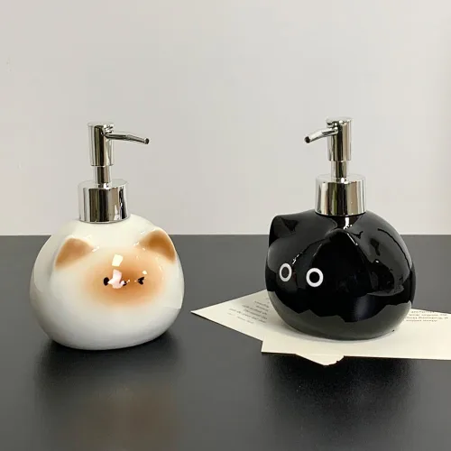 Miniatura 6 de Dispensador de jabón de cerámica para gatos con bomba de acero inoxidable, perfecto para jabón de platos, jabón líquido, dispensador de jabón