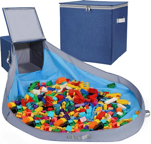 SAM AND MABEL Organizador de almacenamiento de juguetes con tapete de juego para niños, caja de almacenamiento de 13 x 13 x 13 pulgadas, cestas Azul