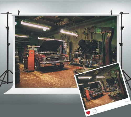 Miniatura 9 de Fondos de garaje antiguos para fotografía de 5 x 3 pies, fondos de reparación de automóviles temáticos para fiesta de fotos y accesorios de estudio