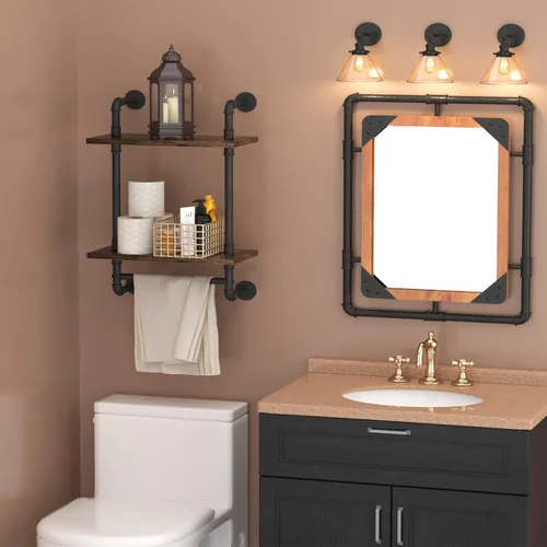 Miniatura 2 de Helsin Estantes de Baño Flotantes de Tubería Industrial Montados en la Pared con Barra de Toallas, Estante de Pared de Madera Rústica de 2 Niveles