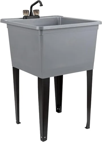 Tehila Basics de JS Jackson Supplies - Fregadero utilitario independiente gris de 21 galones con grifo negro de 2 manijas, bañera de lavandería de