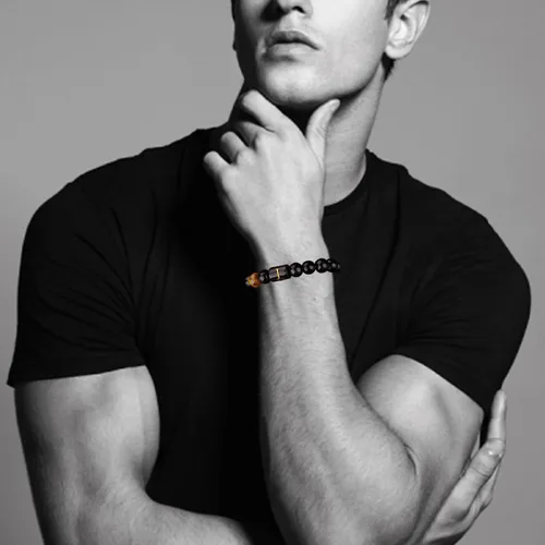 Miniatura 48 de SUMMER LOVE Regalos para el Día del Padre, pulsera con inicial de piedra de ónix negro de 0.394 pulgadas para hombres, pulsera de cuerda trenzada