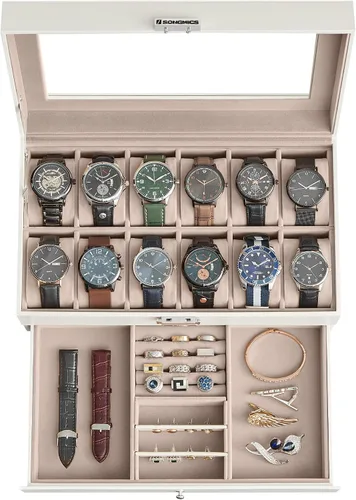 Miniatura 31 de SONGMICS UJWB012 - Caja de reloj de 12 ranuras, caja de reloj con cerradura con tapa de vidrio, 2 capas, con 1 cajón para anillos, pulseras, idea