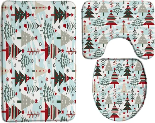 Miniatura 13 de GCTNBJL Juego de 3 alfombrillas de baño para árbol de Navidad, diseño de copo de nieve, rojo, gris, dibujos animados, invierno, vacaciones, baño