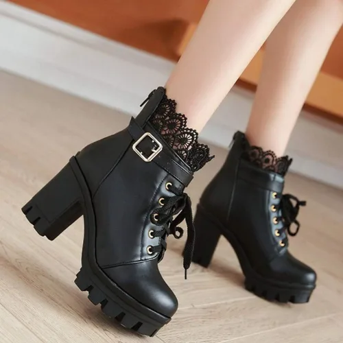 Miniatura 3 de Hbeylia Botas de combate de plataforma para mujer botas de cuero con encaje grueso botines de cuero gótico antideslizantes tacones altos botas