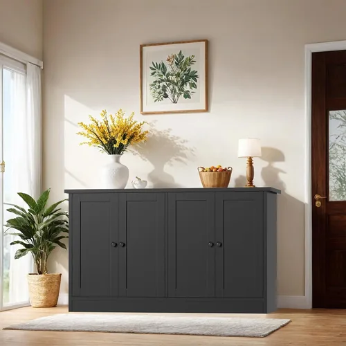 holzart Armario de almacenamiento de buffet negro con 4 puertas, gabinete de barra de café de 49 pulgadas de ancho, aparador de buffet de cocina