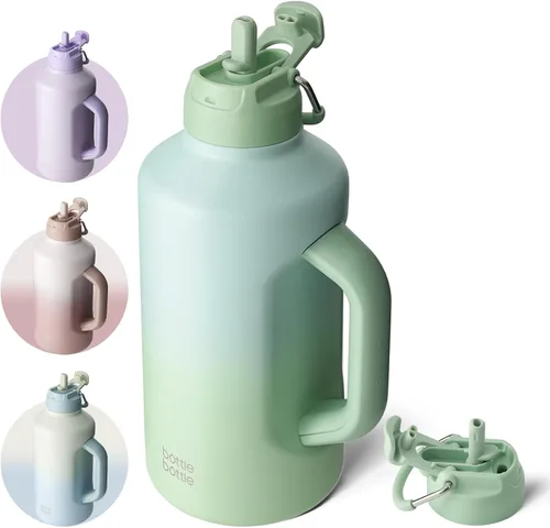 BOTTLE BOTTLE Botella de agua aislada de 64 onzas con popote y tapa de doble uso, botella de agua de acero inoxidable con asa, jarra aislada al