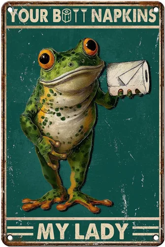 Cartel de hojalata retro de rana con texto en inglés "Your Napkins My Lady", póster de metal vintage, nostálgico, divertido, decoración de pared