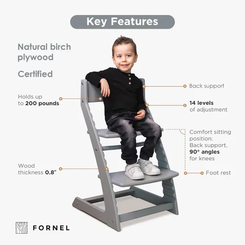 Miniatura 3 de Fornel Silla alta de madera para bebés y niños pequeños, altura ajustable, fácil de limpiar, silla de comedor para niños de 3 años a 200 libras, Gris
