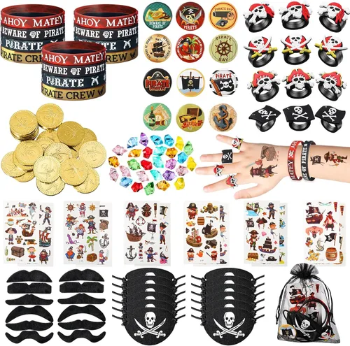 144 piezas de suministros de fiesta pirata incluyen pulsera pirata náutica tatuaje botón pin ojo parche oro moneda gema anillo bigote organza bolsa