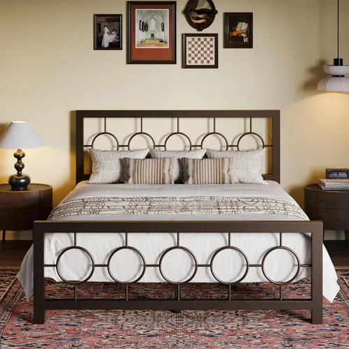 Miniatura 15 de SHA CERLIN Marco de cama de metal tamaño King con cabecera y pie de cama de diseño circular vintage, no requiere somier, fácil montaje, sin ruido