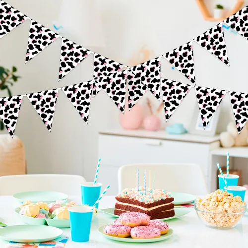 Miniatura 6 de Paquete de 6 banderines con estampado de vaca, color rosa y negro para decoración de fiesta de vaquero occidental, baby shower, temática