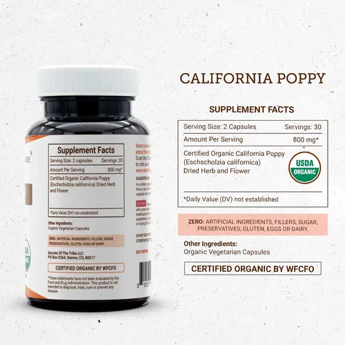 Miniatura 4 de Secrets of the Tribe California Poppy USDA Organic 60 cápsulas Fabricado con cápsulas vegetarianas y amapola orgánica certificada de California