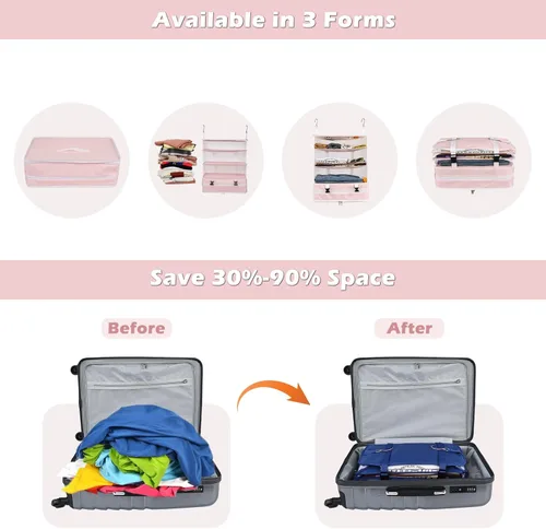 Miniatura 3 de Surblue Bolsa de almacenamiento plegable para armario, 3 estantes, tela Oxford lavable con 2 ganchos (XL 17.71 x 11.81 x 20 pulgadas, rosa)