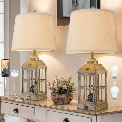 Miniatura 9 de Lámparas de mesa estilo granja de 25" para sala de estar, juego de 2 lámparas negras con puerto USB y luz nocturna, lámpara de mesa rústica