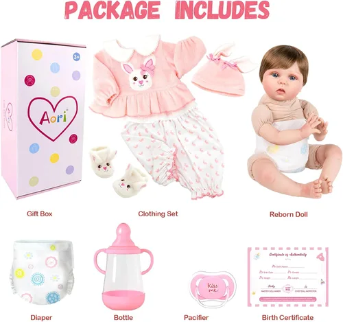 Miniatura 6 de Aori Reborn Baby Doll - muñeca de niña realista de 22 pulgadas con set de conejitos, seguro para niños de 3 años Rosa