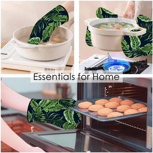 Miniatura 3 de Juego de manoplas de horno y soportes para ollas de hojas verdes, palmeras tropicales, exóticas, resistentes al calor, 3 piezas para cocinar