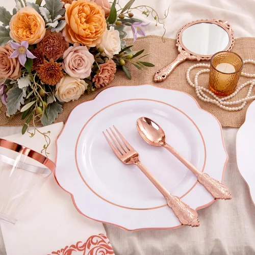 Miniatura 9 de NOCCUR 175 platos de plástico color oro rosa con cubiertos desechables, incluye 25 platos de cena, 25 platos de postre, 25 tenedores, 25 cuchillos