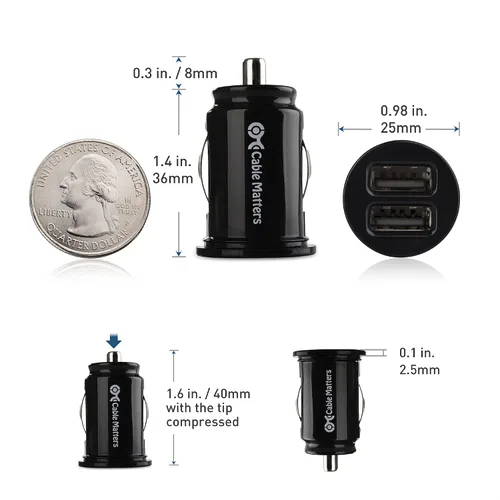 Miniatura 5 de Cable Matters Paquete de 2 cargadores de coche USB dual de montaje empotrado de 4.8A 24 W, cargador USB compacto para teléfonos inteligentes
