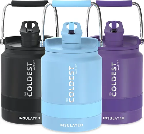 The Coldest Water Bottle - Botella de un galón de agua con tapa superior abatible, con popote, botella de agua de 128 oz (1 galón) (1/2 galón,