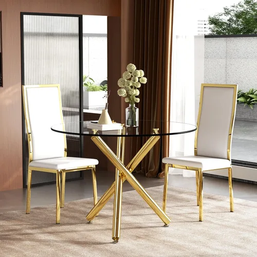 Miniatura 47 de Moderno juego de mesa redonda de cristal para 2, juego de mesa de cocina de círculo pequeño de 36 pulgadas con 2 sillas de comedor de piel sintética