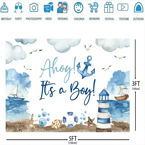 Miniatura 3 de Ticuenicoa Telón de fondo náutico para baby shower, 5 x 3 pies, nubes azules y blancas, diseño de barco faro para revelación de género, cabina