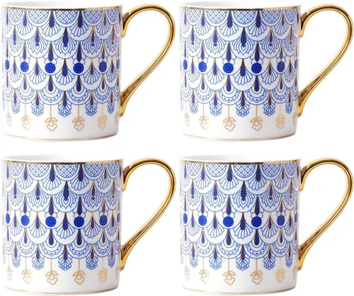 Miniatura 3 de CHOOLD Taza de café de porcelana floral azul estilo británico con cuchara de mango dorado, 12 onzas