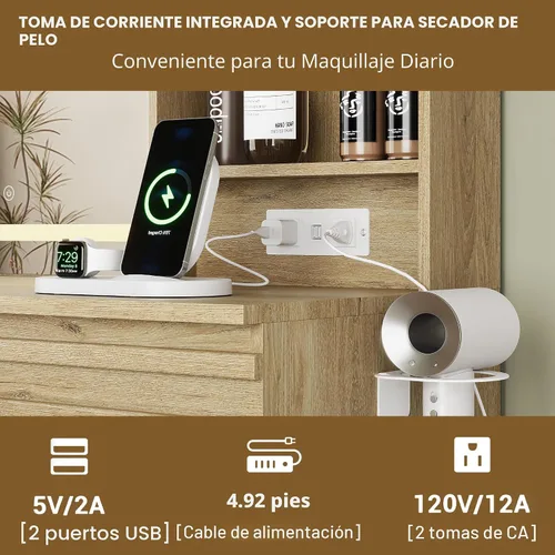 Miniatura 4 de Escritorio de maquillaje con luces, tocador estilizado con 4 cajones, estantes abiertos, toma de corriente, espejo iluminado LED, 3 modos de Roble