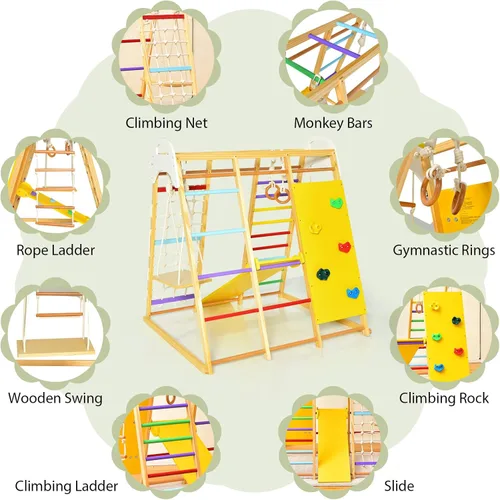 Miniatura 3 de GLACER Gimnasio de la selva 8 en 1, gimnasio de escalada interior de madera con tobogán, columpio, barras de mono, escalera de cuerda, escalada