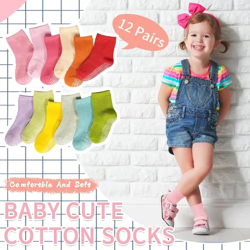 Miniatura 5 de Tphon Calcetines Antideslizantes para Niñas Pequeñas Calcetines Antideslizantes para Bebés con Agarres para Niños y Niñas 12 Pares para Niños de 0-7