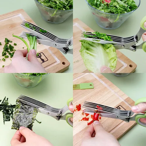 Miniatura 5 de Juego de tijeras gourmet para hierbas multiusos con 5 cuchillas de acero inoxidable, pelador de hierbas, peine de limpieza de cubierta de seguridad