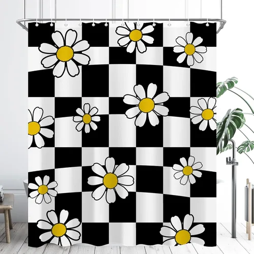 Cortina de ducha retro de los años 70 con margaritas blancas y negras de 60 x 72 pulgadas, diseño de tablero de ajedrez de flores, juego de cortina