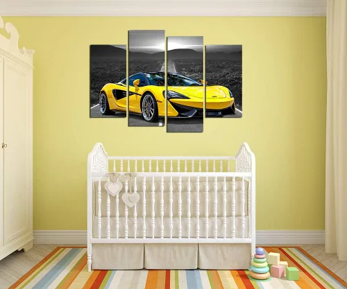 Miniatura 7 de Póster de pared en blanco y negro, 4 piezas de automóvil deportivo amarillo grande, lienzo para habitación de niños, dormitorio, sala de estar