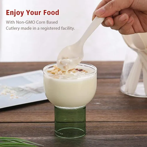 Miniatura 2 de Cucharas compostables ecológicas, 150 cucharas desechables hechas de almidón, utensilios biodegradables duraderos y resistentes al calor, ideales