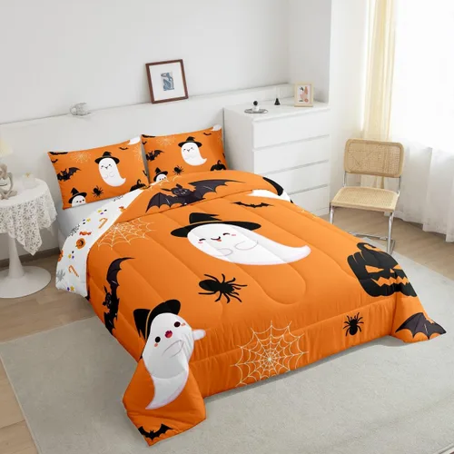 Miniatura 3 de Erosebridal Juego de edredón divertido de Halloween para niños, juego de ropa de cama de calabaza fantasma, decoración de Halloween para niños