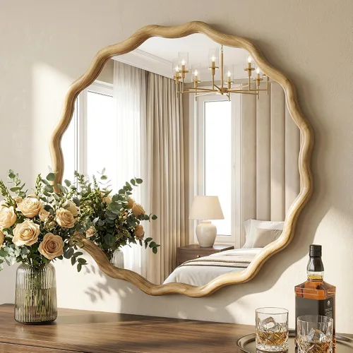 Miniatura 13 de Espejo de baño para pared, 24 pulgadas, redondo, bohemio, ondulado, de madera, espejo decorativo grande de cuerpo entero con vidrio templado, espejo